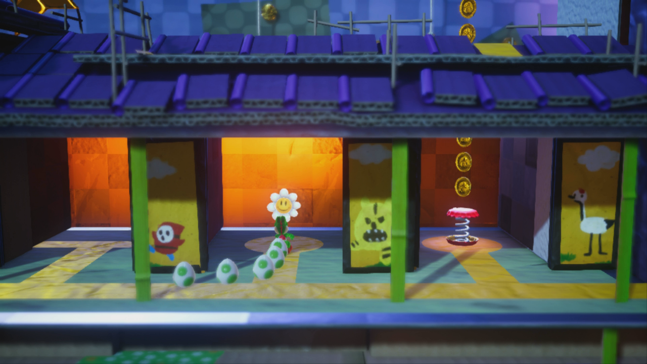 [28/03/2019] Yoshi's Crafted World: Welt 11 - Level 1: Haus der trügerischen Türen: Diese Tür in der Mitte müsst ihr per Eierschuss erst öffnen, um an Blume Nummer 6 zu gelangen.
