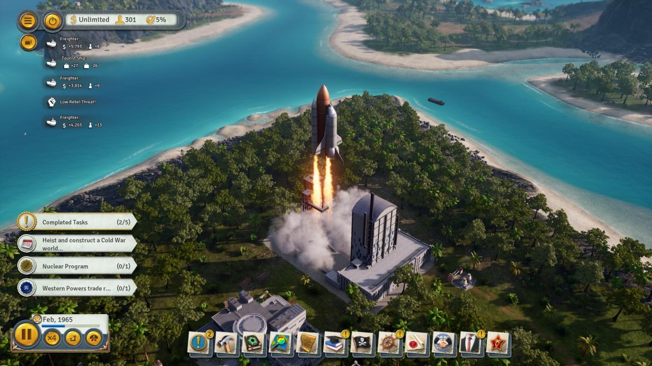 [29/03/2019] Größenwahnsinnig! Im späteren Spielverlauf schickt El Presidente sogar Space-Shuttles ins Weltall. Die dazugehörige Startanimation ist eine Augenweide.