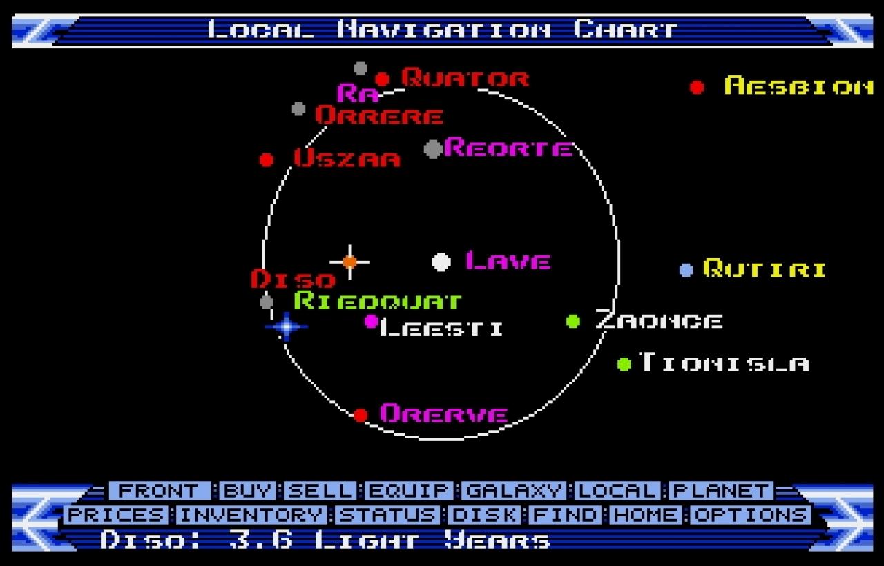 [26/04/2019] Im allerersten Elite haben wir mit einem Tastendruck alle erreichbaren Systeme auf einen Blick (Screenshot: Amiga-Version). 