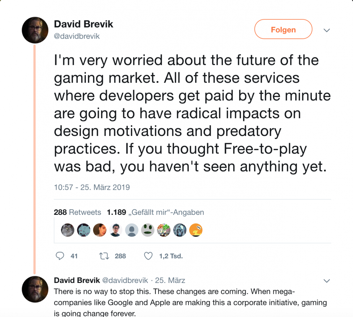 [30/04/2019] Hat große Befürchtungen, dass Spiele-Streaming-Dienste, bei denen die Entwickler pro gespielter Minute bezahlt werden, das Gamedesign in Zukunft grundlegend verändern werden: David Brevik, Senior Designer und leitender Programmierer des allerersten Diablo.