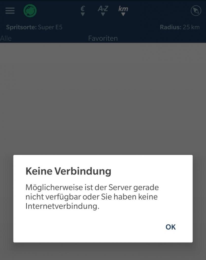 [01/04/2019] Auch die Tank-App funktioniert nicht ohne mobile Daten.