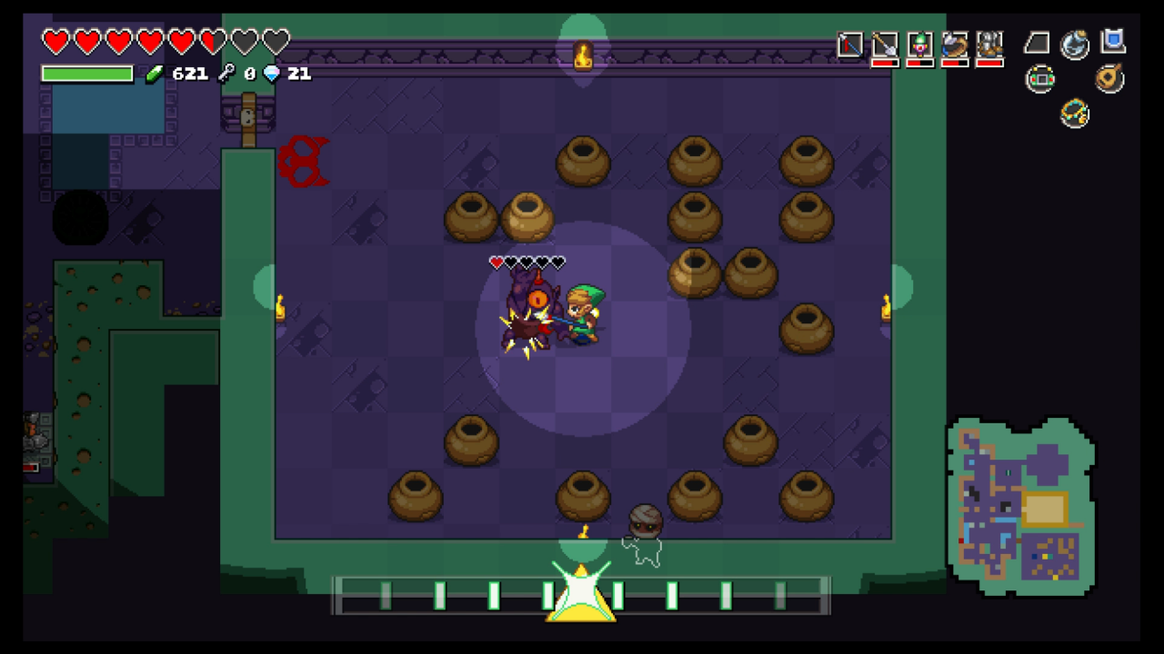 [14/06/2019] Die Dungeons erinnern eher an Crypt of the Necrodancer denn an The Legend of Zelda. In solchen Räumen müsst ihr alle Feinde besiegen, um einen kleinen Schlüssel zu erhalten und damit ihr weiterkommt.