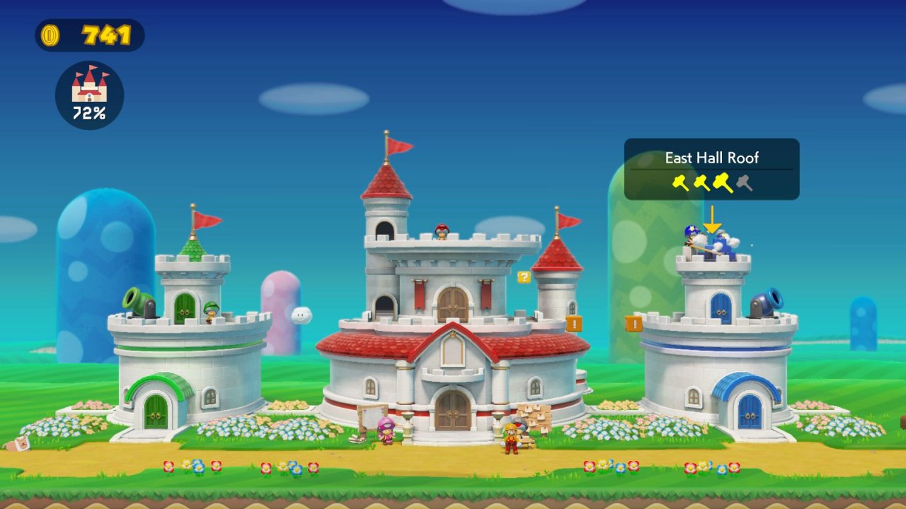 [26/06/2019] In der Einzelspieler-Kampagne wird Peaches Schloss zerstört und wir müssen es durch das Absolvieren von Levels und das Sammeln von Münzen wieder aufbauen.
