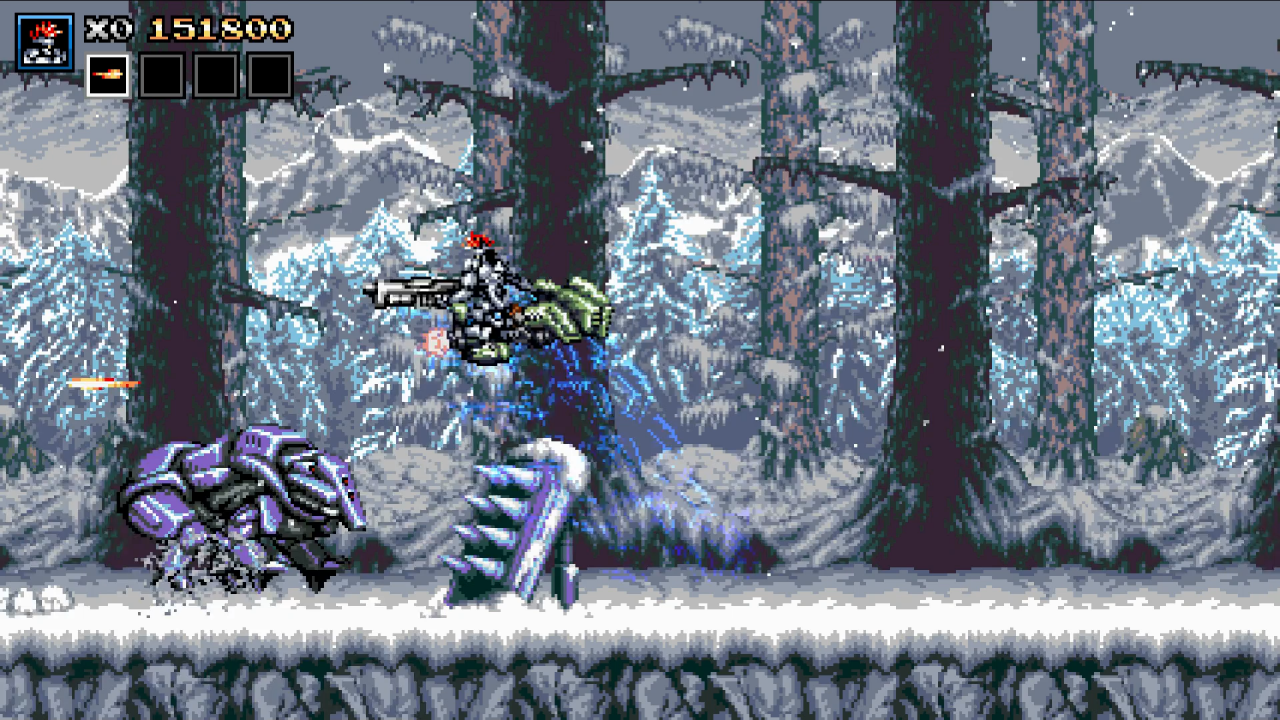 [12/07/2019] Die Fahrzeugpassagen in Blazing Chrome erinnern an den Klassiker Battle Toads. Hier sind schnelle Reaktionen gefragt, um nicht gegen die Hindernisse zu rasen.
