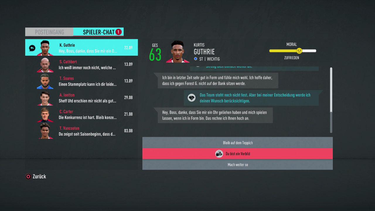 In Spieler-Chats kommen eure Profis immer wieder mit persönlichen Bitten auf euch zu. Wie ihr mit diesen umgeht, ist euch überlassen.