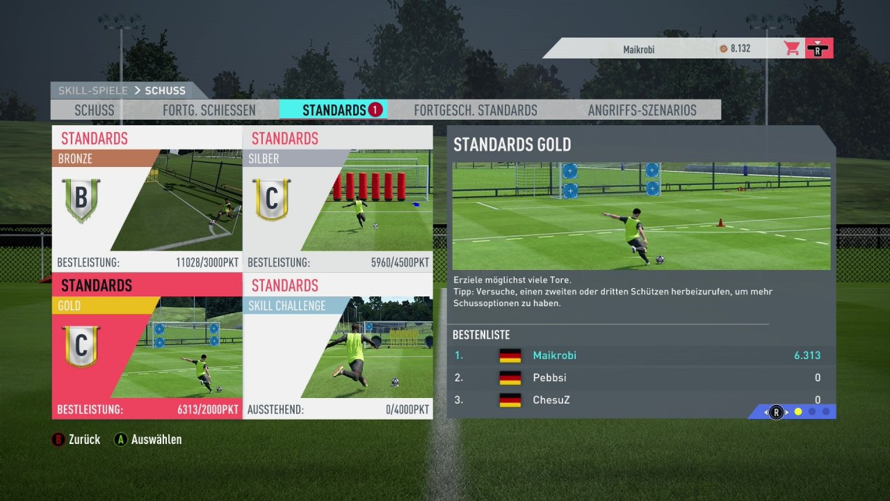 [04/10/2019] In den Skill-Spielen im Menü-Punkt Schuss findet ihr die Standards. Silber und Gold sind für Elfmeter und Freistöße in FIFA 20 perfekt geeignet.