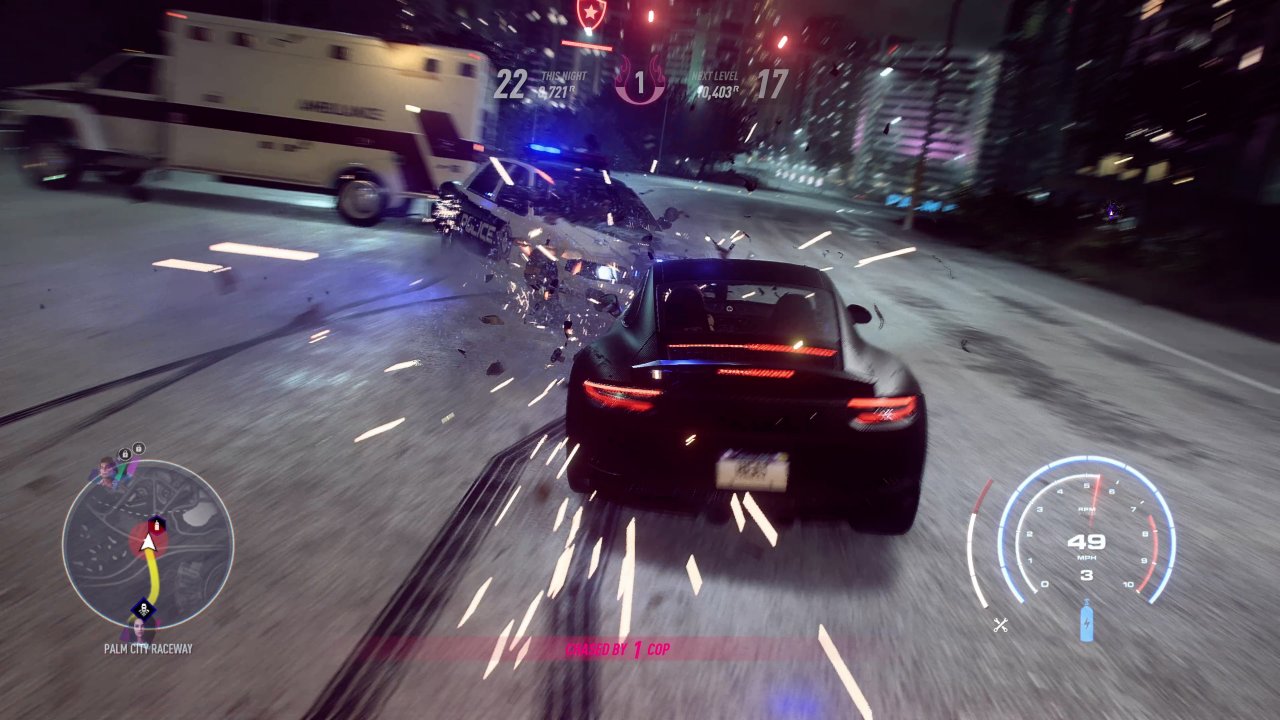 In Verfolgungsjagden mit der Polizei geht es ordentlich zur Sache. Achtet aber stets auf eure Schadensanzeige, oder ihr droht, mit eurer Karre liegenzubleiben.