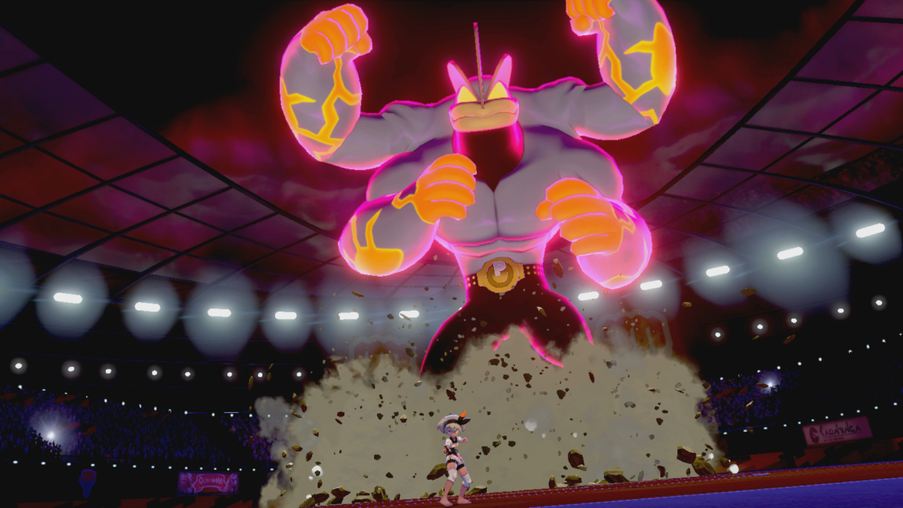 [28/11/2019] Stark, stärker, Gigadynamax-Machomei! Das Pokémon sieht zwar kolossal aus, hat aber gegen Flug- und Psychoattacken wenig Chancen.&nbsp;