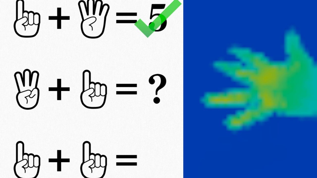 [03/01/2020] Zeigt mit der Hand in die Infrarotkamera das Ergebnis der Rechenaufgabe links. Die Erkennung eurer Gesten funktioniert überraschend gut!