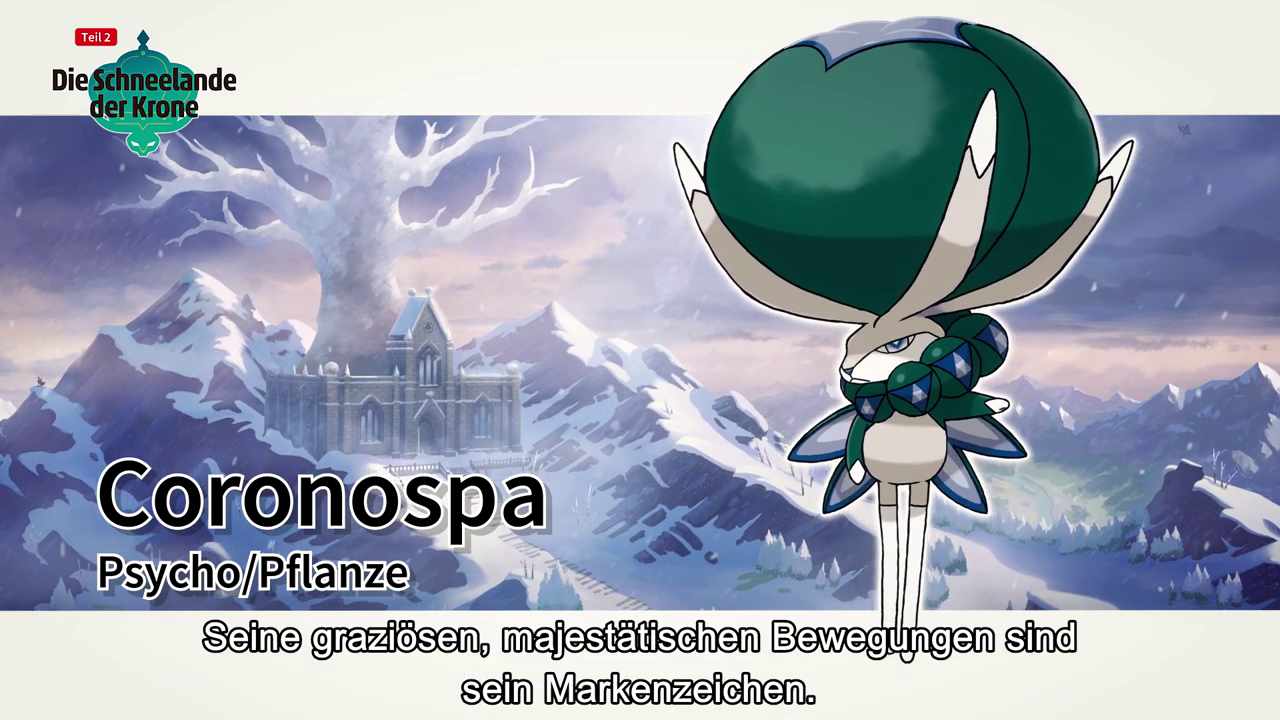 Coronospa ist eines der brandneuen legendären Pokémon im Erweiterungspass. Das Psycho/Pflanze-Pokémon trefft ihr in „Die Schneelande der Krone“.