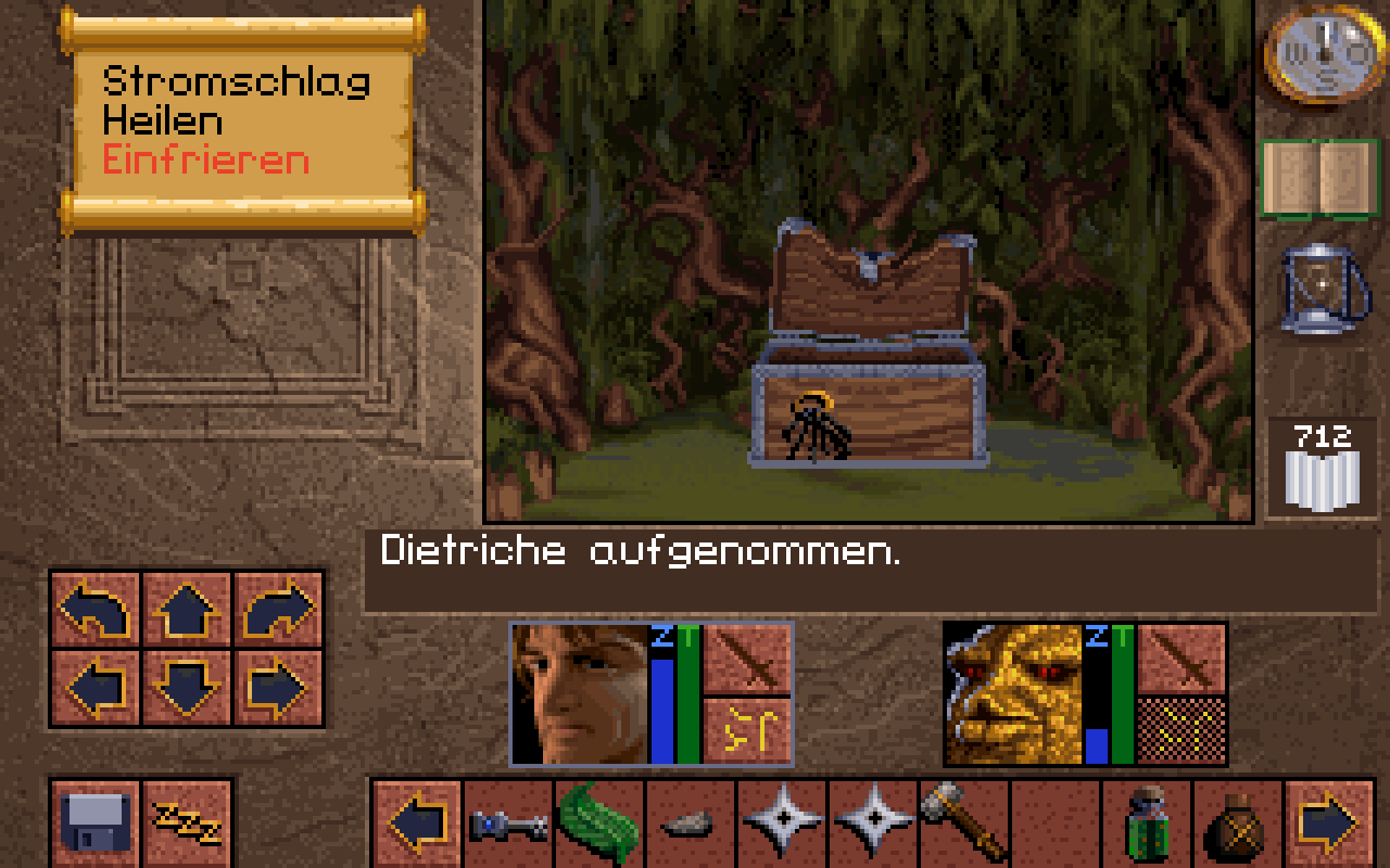 [28/02/2020] Im Sumpf finden wir eine Truhe, die sich per Dietrich knacken lässt. Doch so langsam wird die Inventarleiste am unteren Bildschirm ganz schön unübersichtlich ... &nbsp;