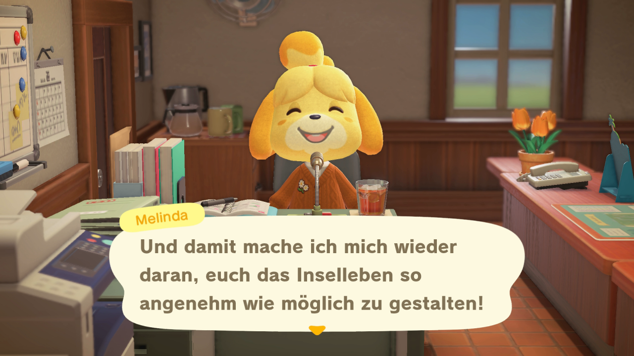 Melinda ist die gute Seele des Stadtzentrums. Täglich lässt sie euch in einer Durchsage wissen, was auf der Insel los ist.