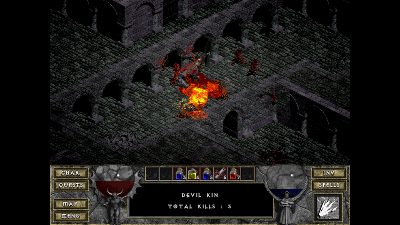 [26/03/2020] Die spärlichen Lauf-, Gegner- und Zauberanimationen verdeutlichen das stolze Alter von Diablo. Hier setzen wir gerade den feurigen Inferno-Zauber ein, den unser Warrior dank eines gefundenen Buchs und ein paar investierter Magie-Punkte beherrscht. &nbsp;
