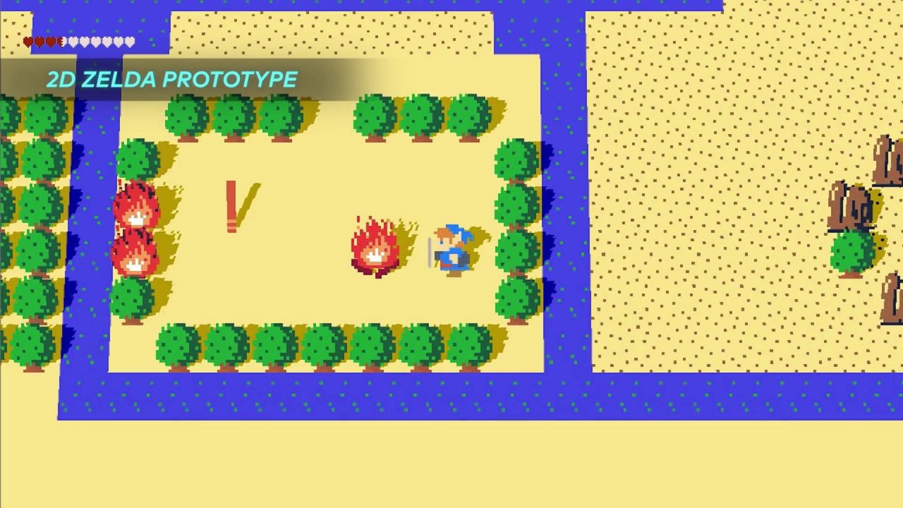 [03/03/2020] Um Physik-bezogene Gameplay-Mechanik zu testen, bauten die Entwickler einen 2D-Prototypen. Er sah optisch sehr ähnlich aus wie das Ur-Zelda für das NES.