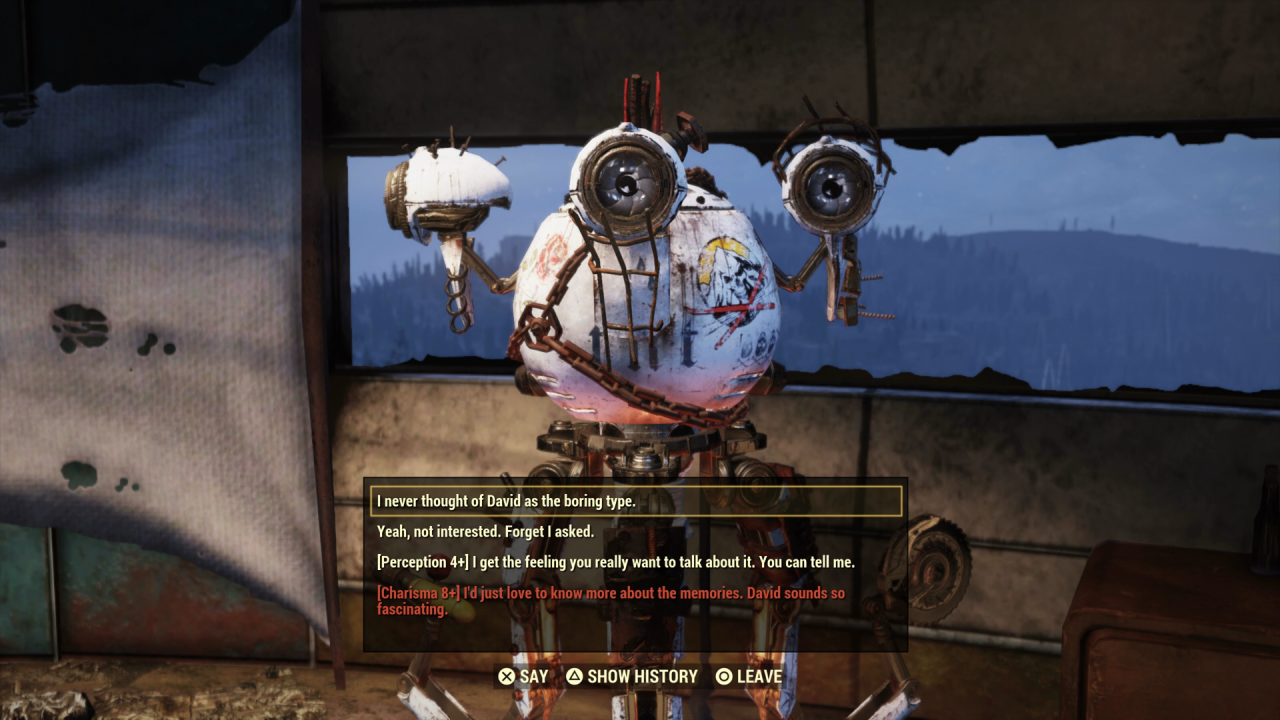 [20/04/2020] Selbst bei den wenigen NPCs der alten Haupthandlung, wie dem Raider-Roboter Rose, kommt das neue Dialogsystem inklusive Attributscheck zum Einsatz.