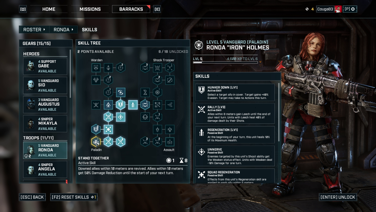 [27/04/2020] Die Skillbäume lassen sehr viel Spielraum für die individuelle Entwicklung einzelner Soldaten. Diesen Vanguard haben wir zum Beispiel zum Paladin gemacht.