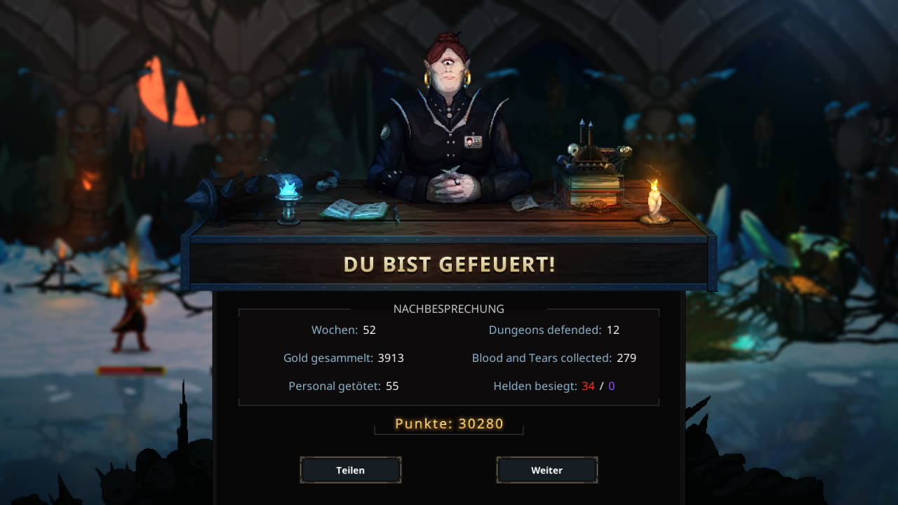 [09/04/2020] Sollte man die Helden nicht abwehren können, wird man von der Dungeon Company gefeuert. Die gesammelten Erfahrungspunkte darf man aber behalten.