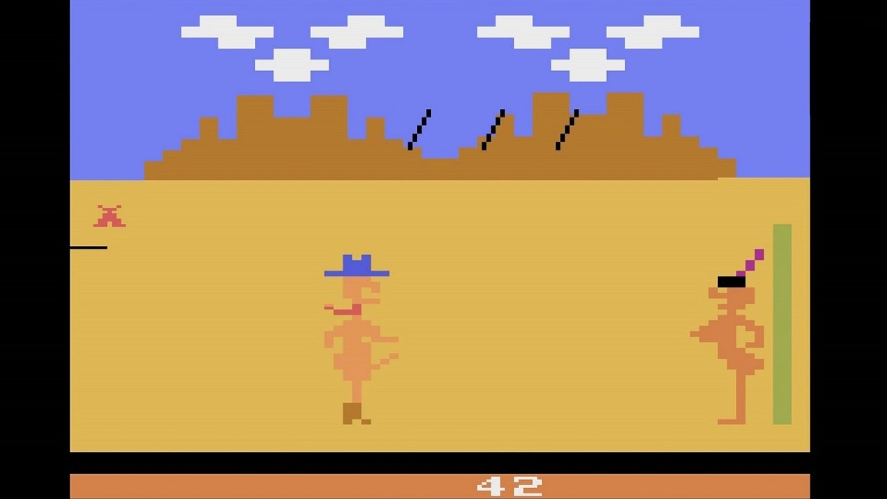 [16/07/2020] Custer's Revenge war 1982 ein Skandal. Kritiker urteilten, dass das Spiel die Vergewaltigung einer Indianerin zeige und die Tat mit den Packungstexten verharmlost würde. (Atari 2600)