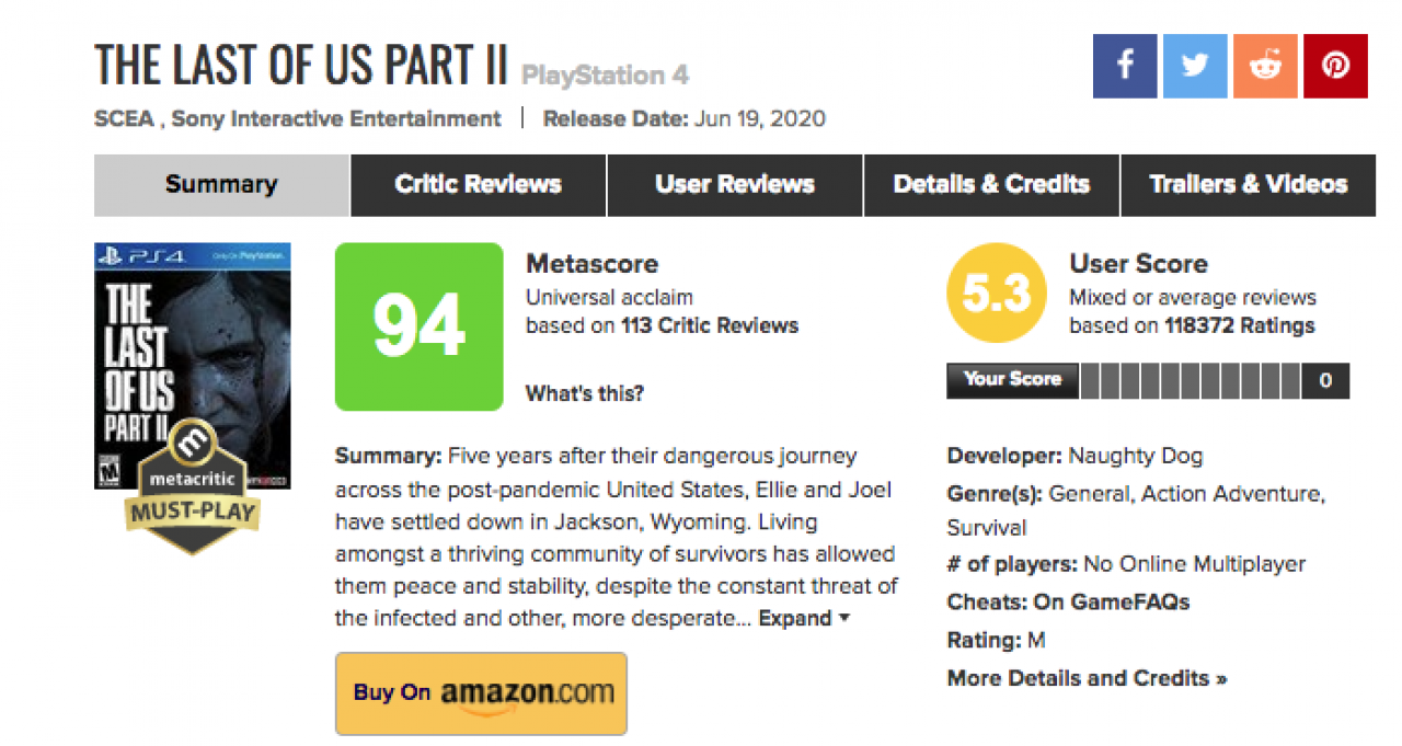 [08/07/2020] Solange Metacritic nichts an seinen Regeln ändert, werden Review Bombings wie im Falle von The Last of Us Part 2 auch weiterhin keine Seltenheit bleiben.