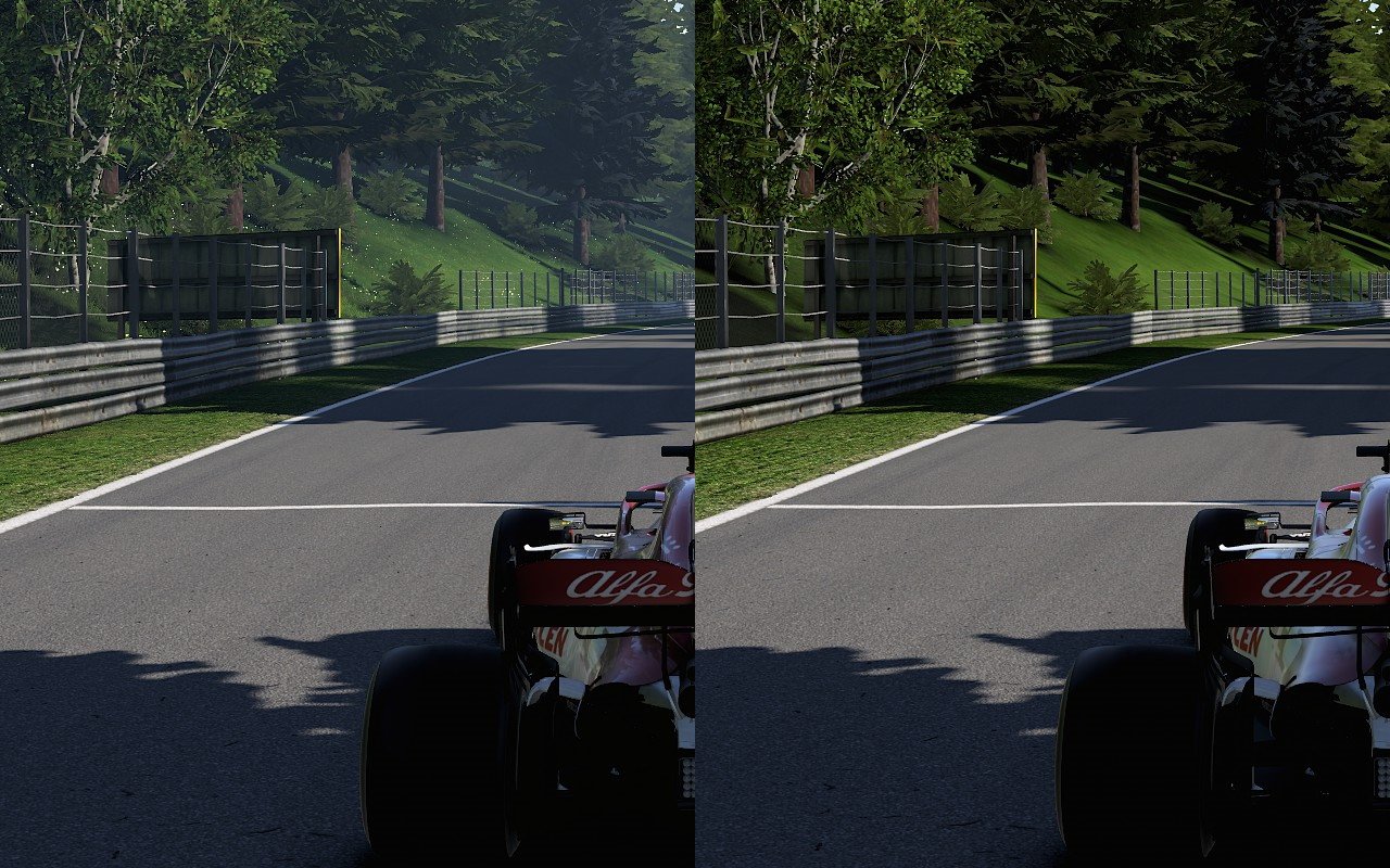 [07/07/2020] Links hohe, rechts niedrige Details. Bei niedrigen Details fehlen Gras und Blüten und die Unschärfe. Die Lackierung des Chassis wirkt blasser und undifferenzierter.
