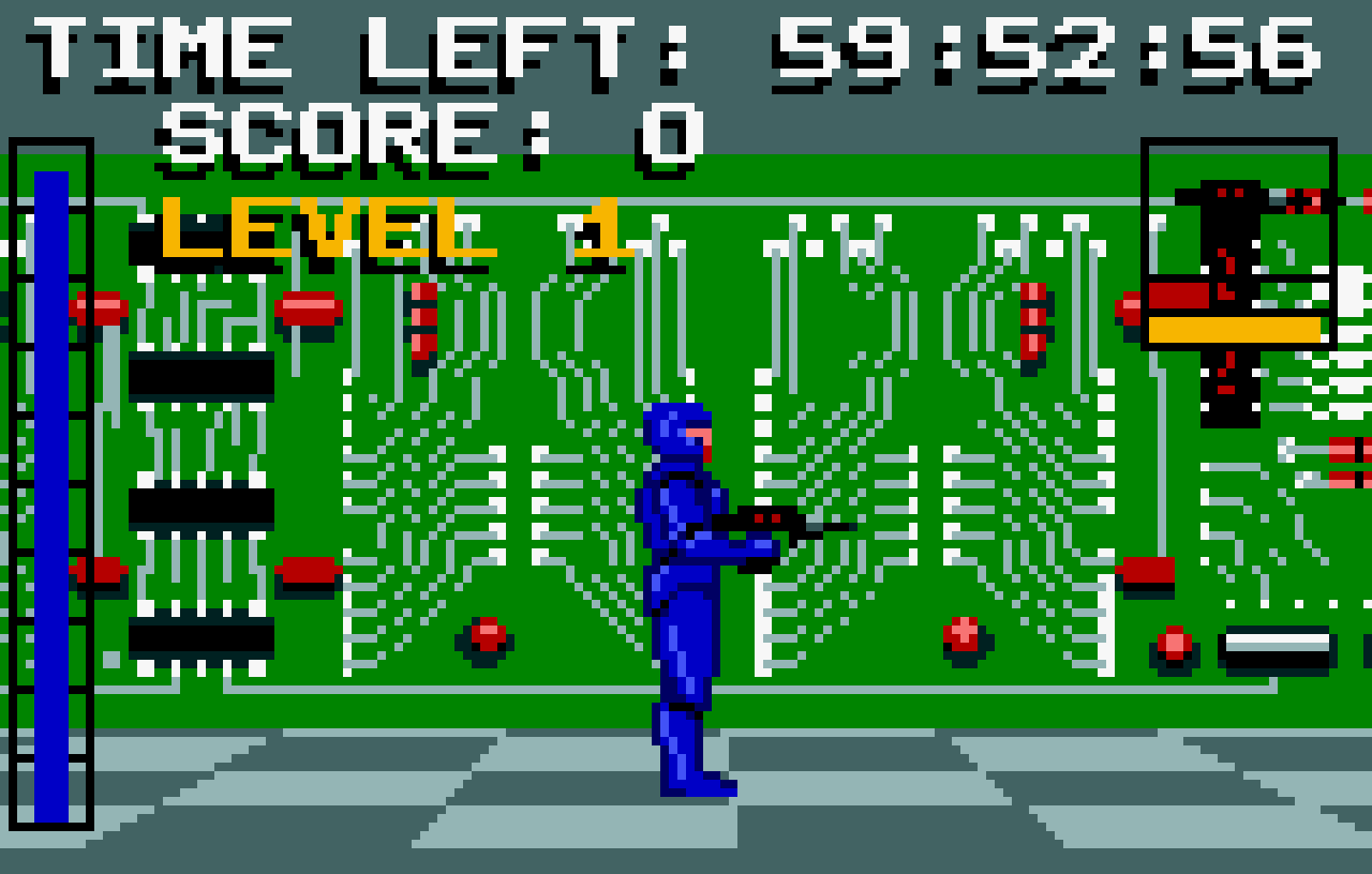 [31/07/2020] Die Lynx-Fassung von Electrocop (im Bild) arbeitete mit verschiedenen Bildschirmebenen, um einen Pseudo-3D-Effekt zu erzeugen. Die von Hennig bearbeitete Version für Atari 7800 lief komplett in 2D ab. Erschienen ist sie jedoch nie. &nbsp;