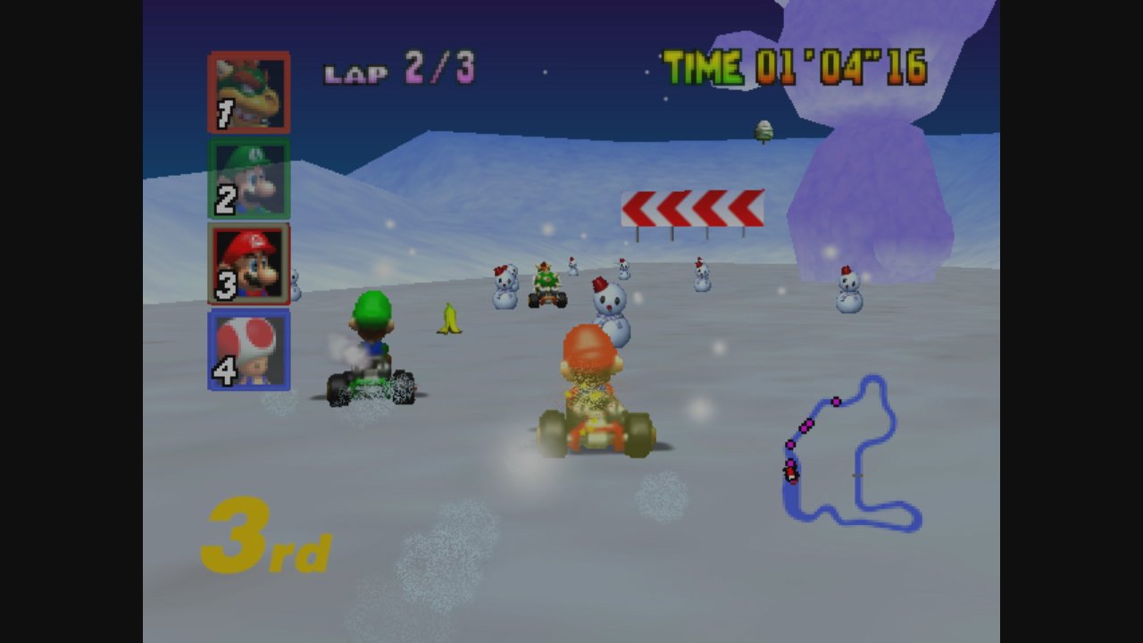 Während die Strecken in Mario Kart 64 erstmals bei der Reihe dreidimensional sind, bestehen die Fahrer weiterhin aus zweidimensionalen Sprites.