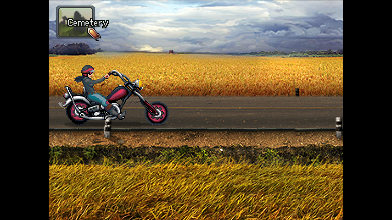 [10/09/2020] Kathys Motorrad mit dem sie durch die Pampa brettert dient uns als Karte von der aus wir verschiedene Schauplätze besuchen können.