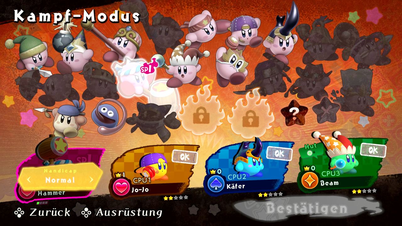 Kirby, Kirby und noch mehr Kirby! Bei Kirby Fighters 2 habt ihr die Auswahl aus allen möglichen typischen Kirby-Varianten wie Beam, Käfer oder Wrestler.