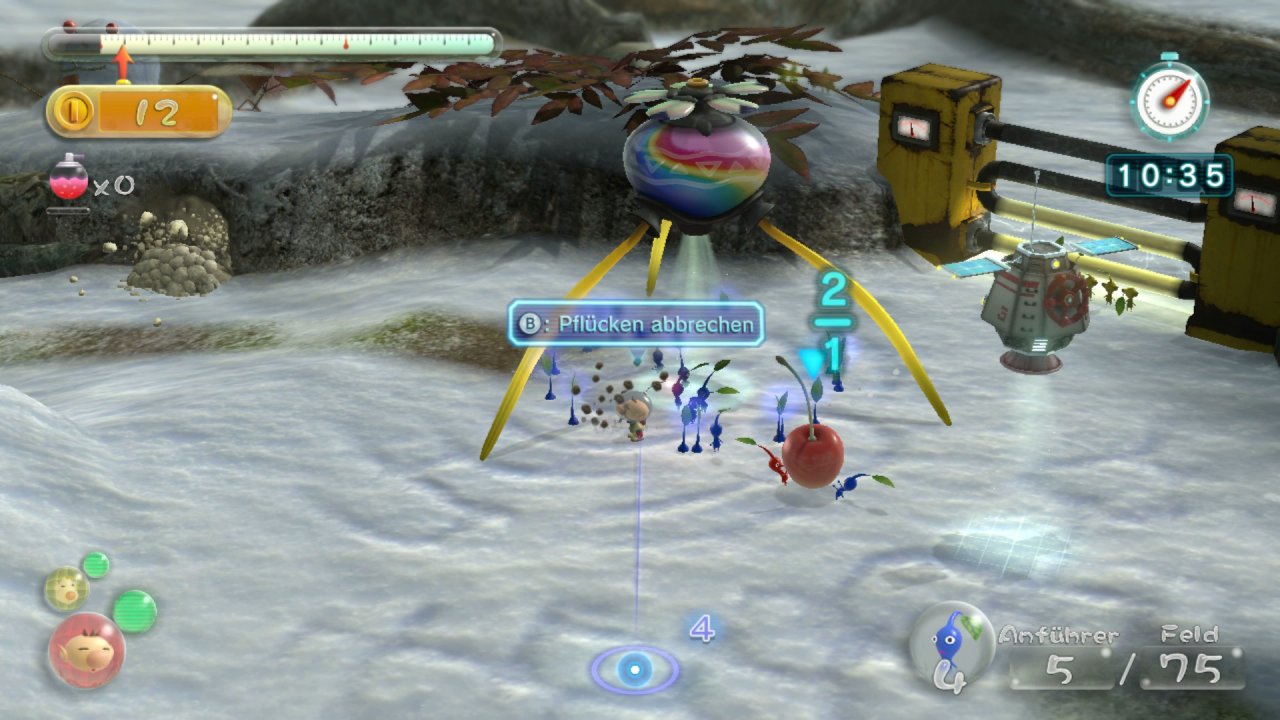 [28/10/2020] Das ist Multitasking: Die gelben Pikmin bearbeiten die Strombarriere, links wühlen andere Zwerge einen Durchgang frei, während ein blaues und ein rotes Pikmin eine erbeutete Kirsche zum Schiff tragen.