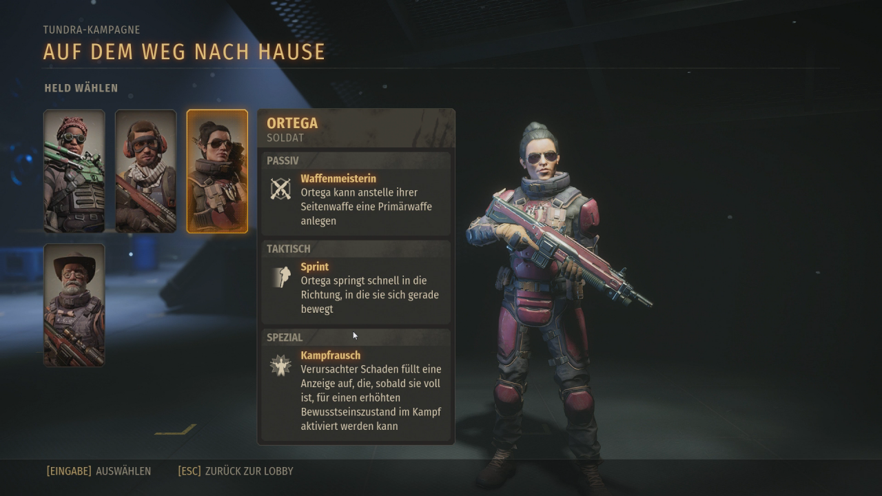[28/10/2020] Im Early Access sind vier Charaktere spielbar. Hier sehen wir die standardmäßig mit Sturmgewehr und Pistole ausgestatte Ortega.