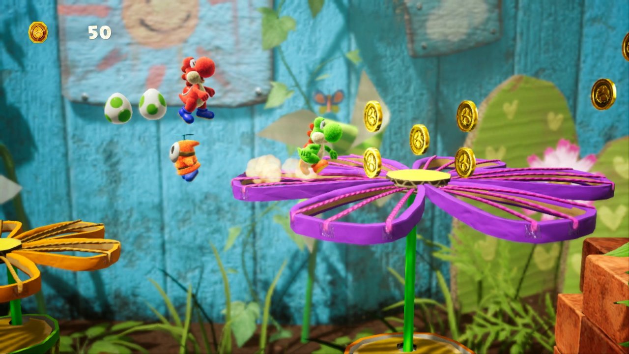 [02/10/2020] Zu zweit durchs Blumenbeet: Die Levels in Yoshi’s Crafted World sehen aus, als wären sie eben erst gebastelt worden. &nbsp;