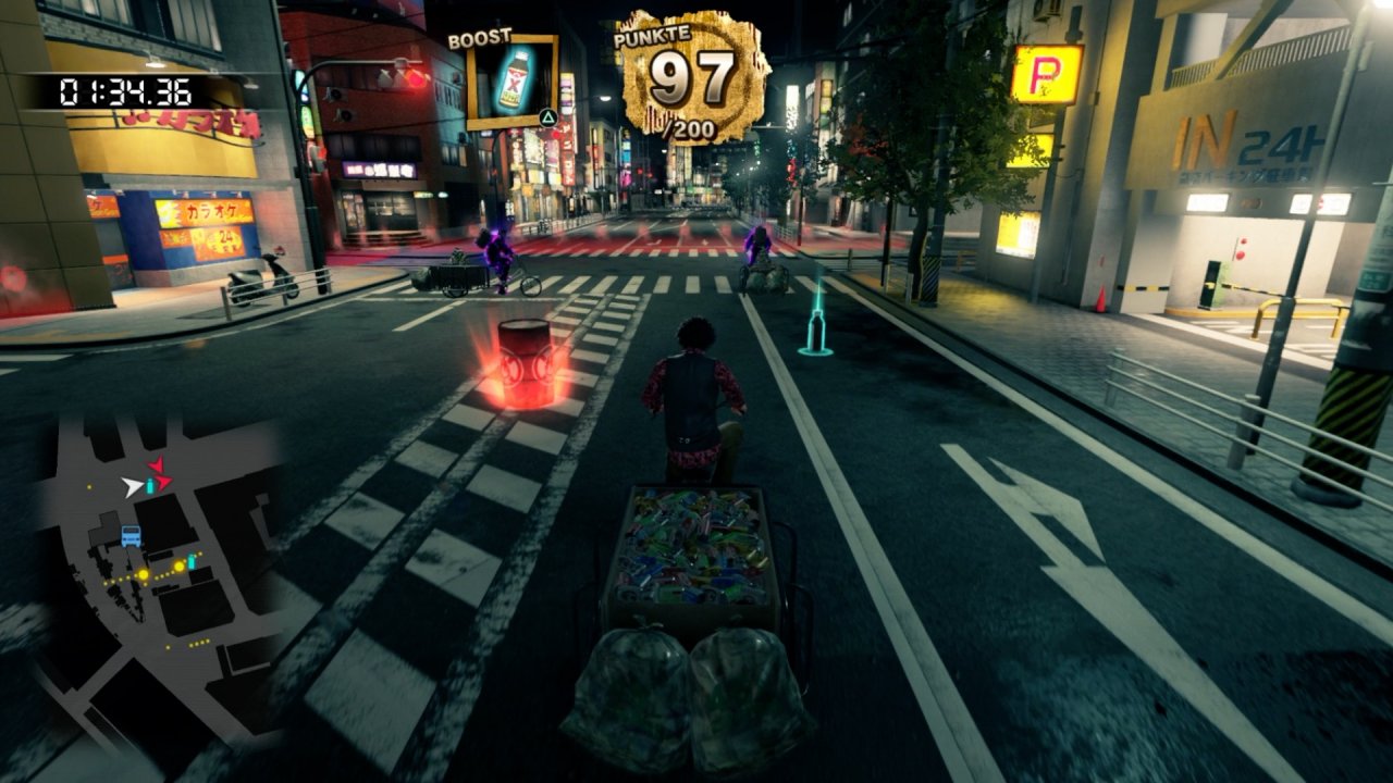Kasuga sammelt mit einem Fahrrad und Anhänger alte Dosen auf.