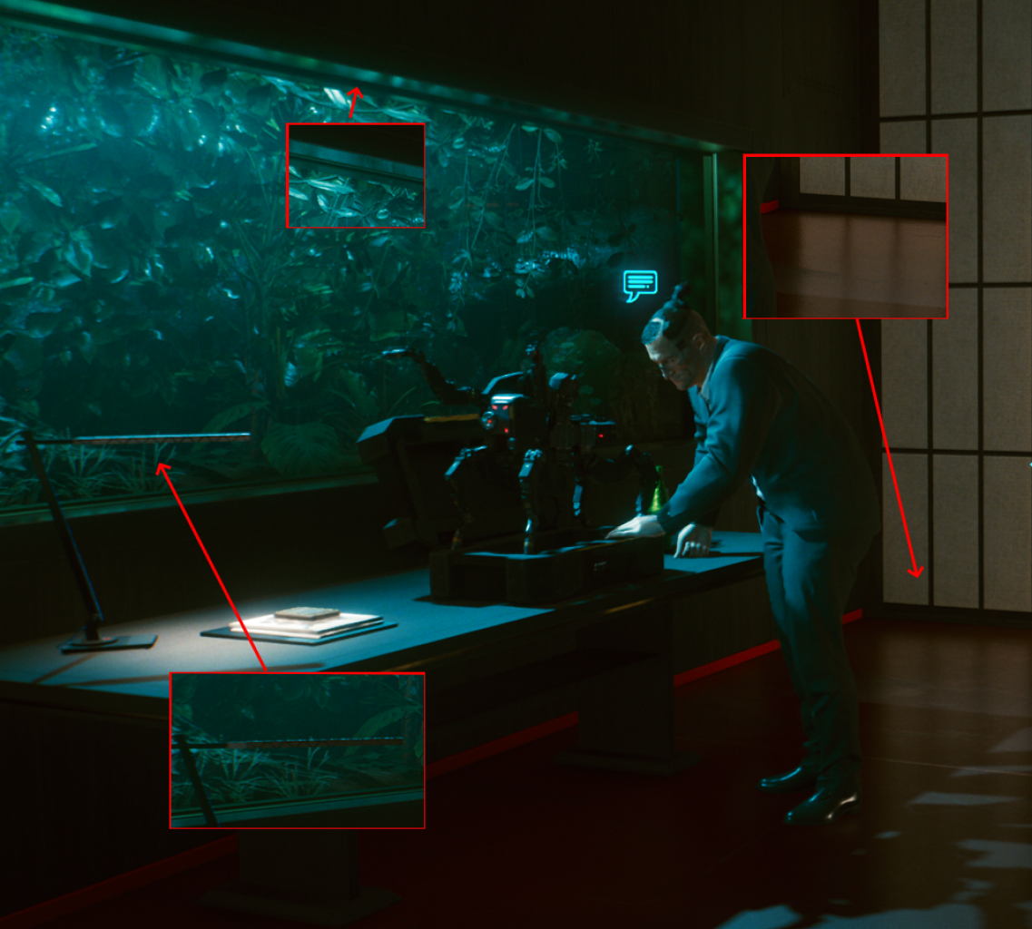 [23/12/2020] Die rot umrandeten Details zeigen, wie es ohne Raytracing aussieht: Die Lampe ist dunkler, da das indirekte Licht fehlt. Die Lichteffekte am Aquarium-Rand sind weniger fein ausgeprägt. Der Schatten am Boden an der Zwischenwand sieht anders aus.