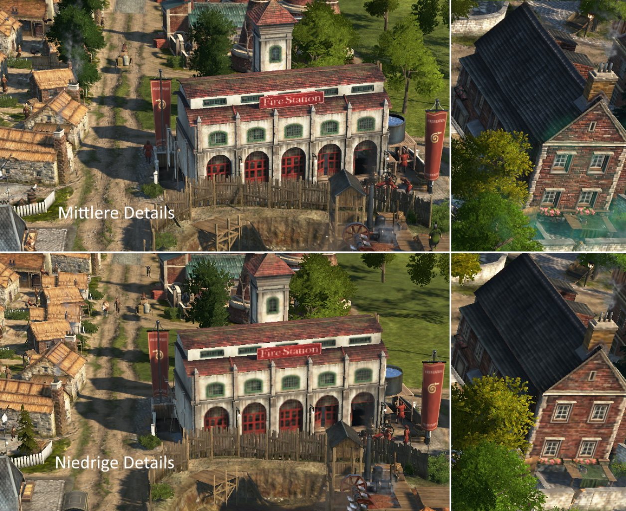[29/01/2021] Anno1800: Achtet bei den niedrigen Details (untere Bildhälfte) auf die geringere Baumanzahl, matschigere Texturen beim Weg und der Grube sowie fehlender Tiefe bei den Fenstern der Feuerwache und dem Haus rechts im Bild.