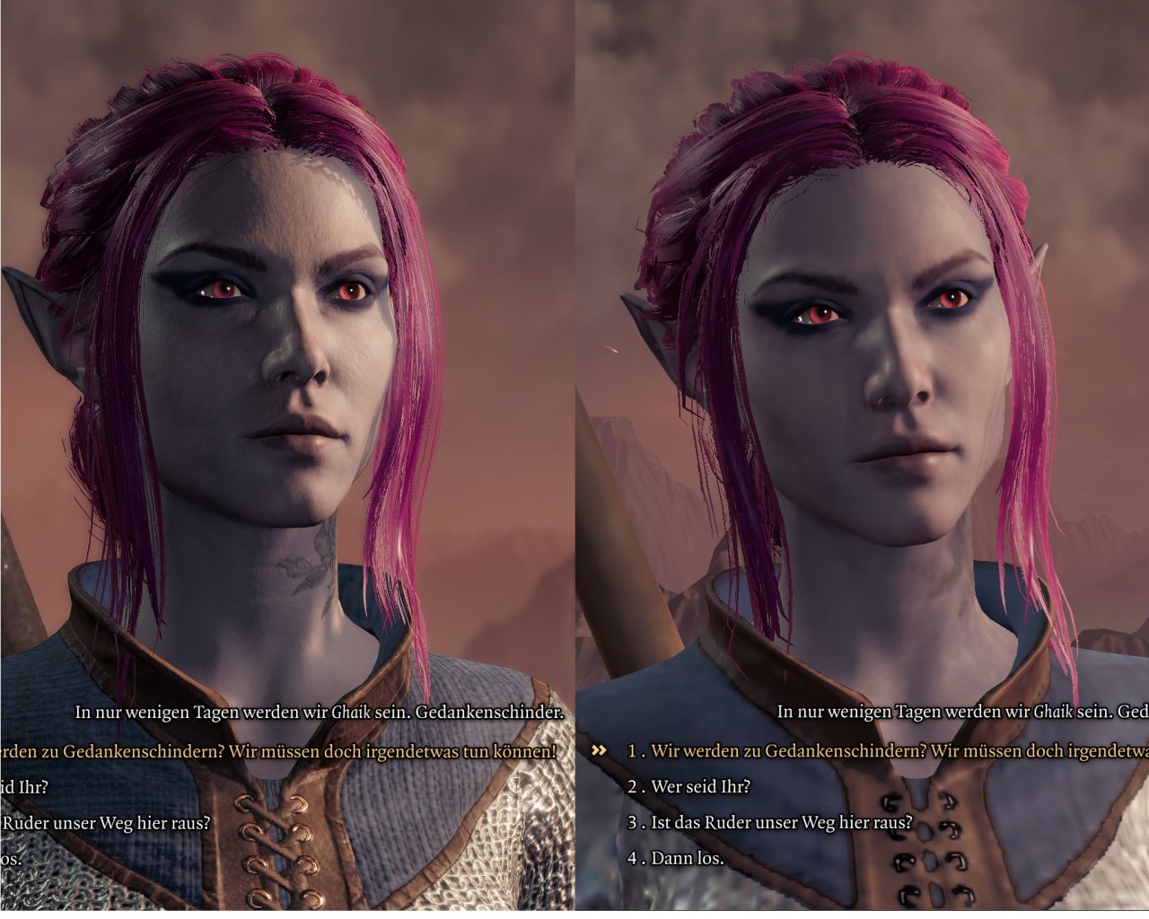 [29/01/2021] Baldurs Gate 3: Bei niedrigen Details (rechts) wirkt die Haut unnatürlich glatt, das Hals-Tattoo sieht eher aus die Dreck, die Kleidung hinterlässt keinen plastischen Eindruck.