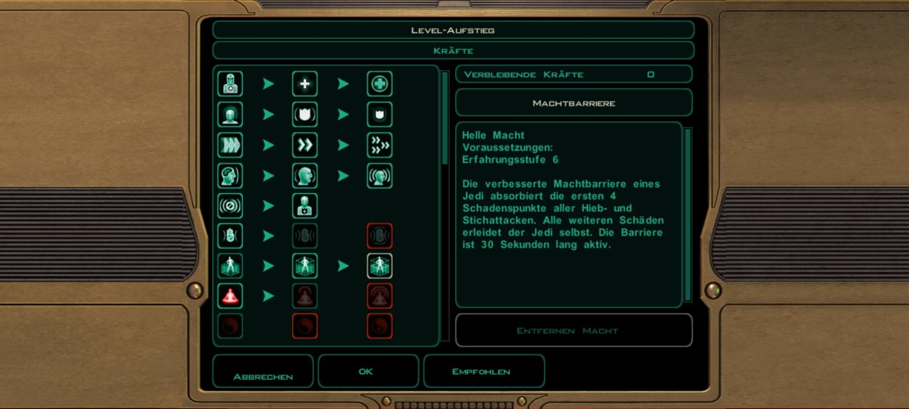 [29/01/2021] Da KotOR 2 mehr Levelaufstiege ermöglicht, kann unser Held mehr Talente und Fertigkeiten erlernen als im Vorgängerspiel.