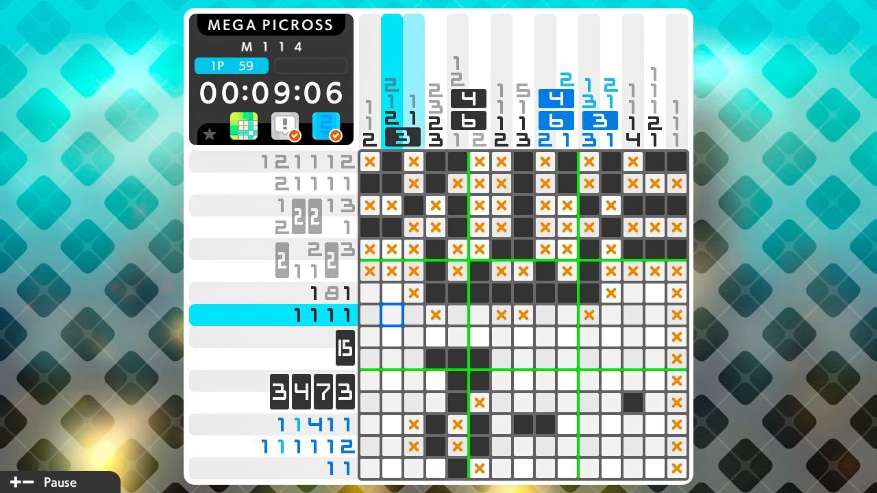 [08/01/2021] Im Modus Mega Picross laufen die Angaben für die zu füllenden Felder anstatt über eine über zwei Felder, wodurch für den Erfolg völlig andere Strategien notwendig sind.