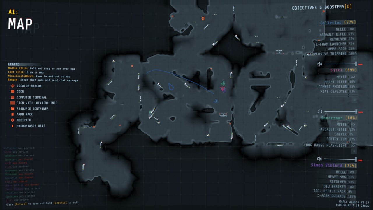 [29/04/2021] Auf der Map sehen wir nicht nur alle erkundeten Räume und Türen, sondern erhalten auch Informationen zum Loadout der Mitspieler, inklusive eigener Kritzelein.