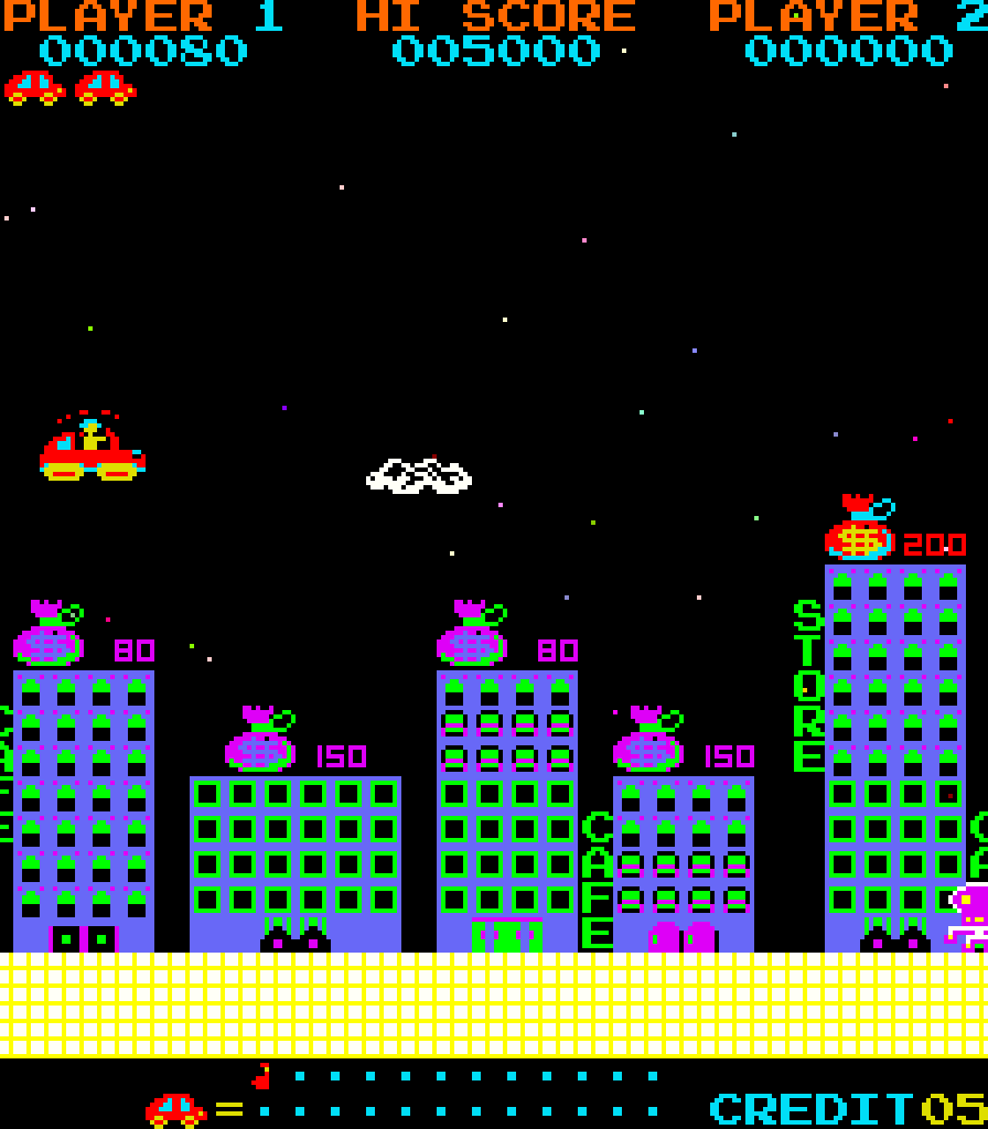 [27/05/2021] Jump Bug vom japanischen Entwickler Alpha Denshi ist der erste Plattformer mit horizontalem und vertikalem Scrolling. Als Spielfigur dient ein springendes Auto.