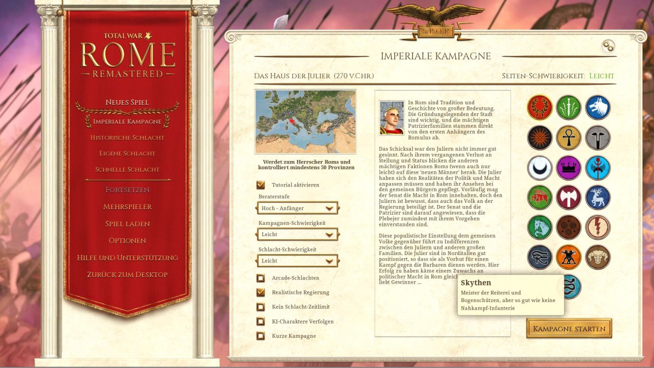 [07/05/2021] Im Hauptspiel könnt ihr aus 19 Fraktionen wählen. Weitere 18 kommen in Barbarian Invasion hinzu, und in der Alexander-Erweiterung spielt ihr die Makedonier.