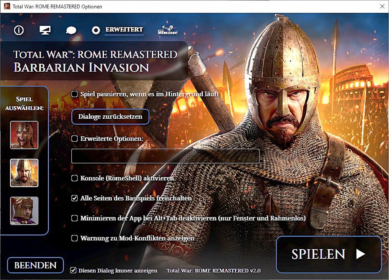 [07/05/2021] Ihr wollte von Anfang an alle Völker in Total War: Rome Remastered und der Erweiterung Barbarian Invasion spielen können? Ein Häkchen in den erweiterten Einstellungen genügt.