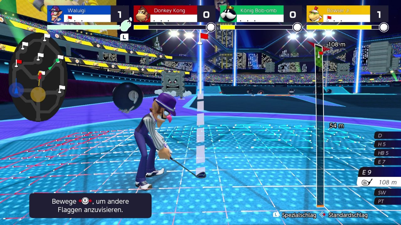 [23/06/2021] Im Modus Battle-Golf tritt man gegen drei Kontrahenten in einer Arena voller Hindernisse an. Schade, dass es nur zwei unterschiedliche Layouts für die Arena gibt.