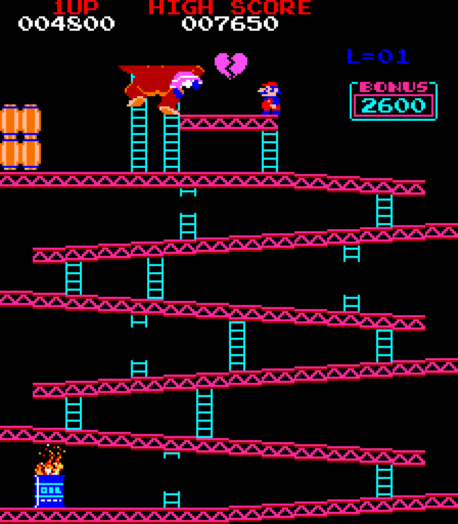 [29/07/2021] Ganz schön fies: Erreicht Jumpman in den ersten Levels Pauline, gibt es erst ein kurzes Wiedersehen. Dann schnappt sich Donkey Kong die Lady und klettert mit ihr weg.