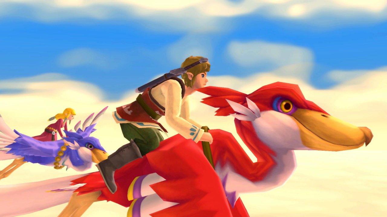 Link und Zelda reiten ihre Riesenvögel in Skyward Sword.