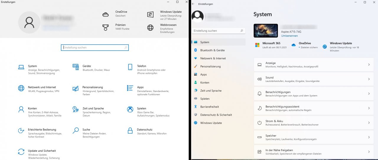 [08/10/2021] Vergleich der Systemoptionen Windows 10 (links) und Windows 11 (rechts)