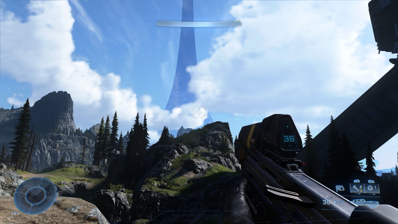 [13/12/2021] Halo: Infinite - dies ist kein Turm, sondern die sich nach oben fortsetzende Spielewelt, die nämlich radförmig aufgebaut ist. Die Oberfläche, auf der man sich bewegt, befindet sich auf der Innenseite des Rad-Konstrukes.