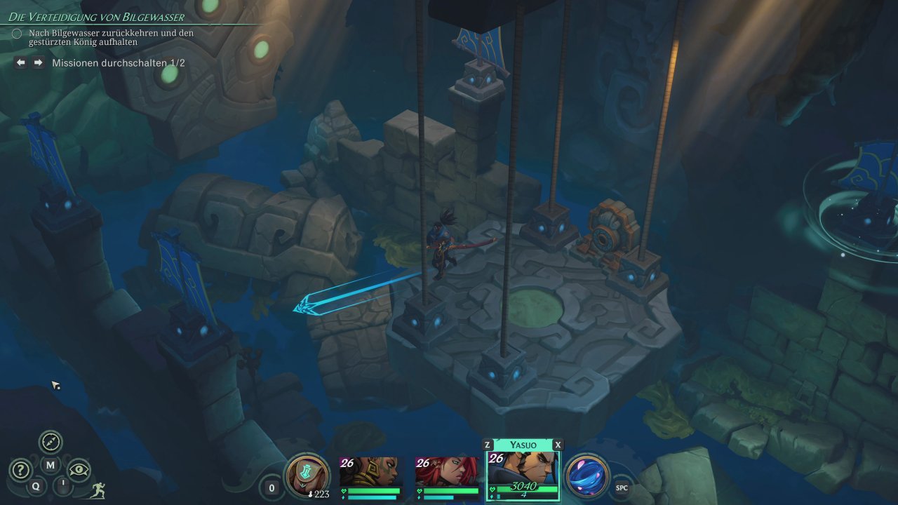 [10/12/2021] Charaktere können auch außerhalb des Kampfes Fähigkeiten einsetzen. Hier wird zum Beispiel der Tornado-Skill von Yasuo benötigt, um die Plattform anzutreiben.