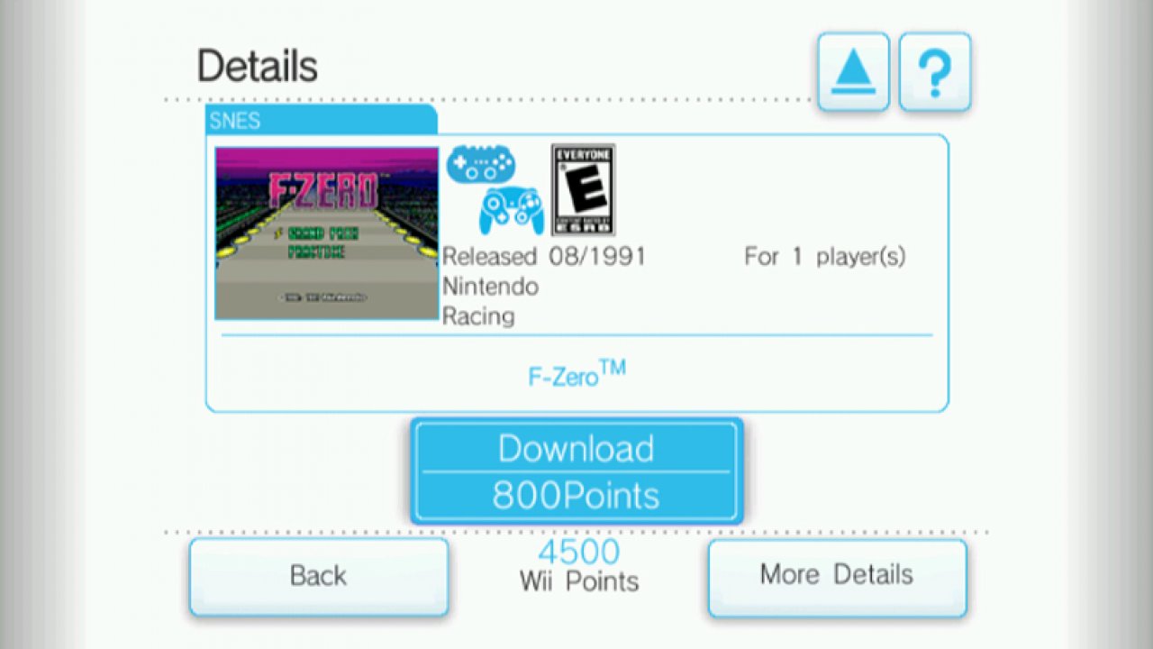 [11/01/2022] Schon früh in der Konzeptphase stand fest, dass auch ältere Titel eine Rolle auf der Nintendo Wii spielen sollten. Mit der Virtual Console ließen sich Klassiker wie das SNES-Rennspiel F-Zero in einer emulierten Fassung an der Wii spielen.