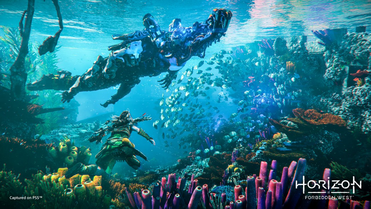 [01/02/2022] In Horizon: Forbidden West (2022) kann Heldin Aloy erstmals auch Unterwasserabschnitte erkunden und sich dort unter anderem mit Maschinen-Krokodilen herumschlagen.