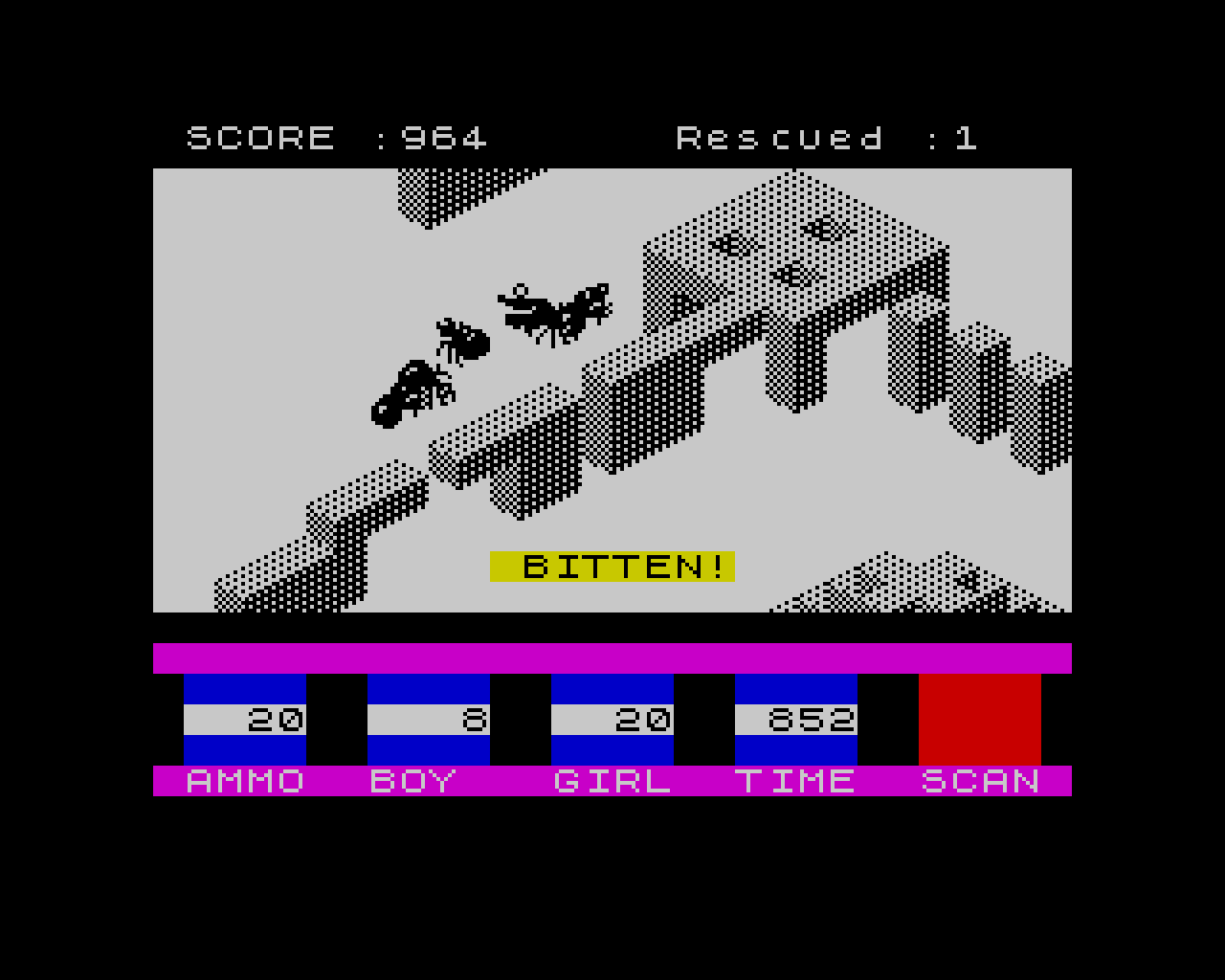 [01/02/2022] Ant Attack (1983) für den ZX Spectrum zeigt eine weitläufige offene Welt erstmals aus der Iso-Perspektive. Das Ziel: Rettung einer verschollenen Person aus einer von Killerameisen bewohnten Ruinenstadt.